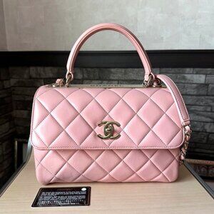 Authentic CHANEL Trendy Lambskin Quilted Small CC Dual Handle Flap Bag Pink Tote